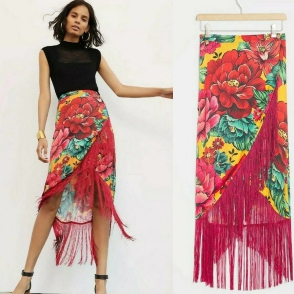 ANTHROPOLOGIE X FARM Rio Benita Fringed Wrap Skirt Size Large NWT
